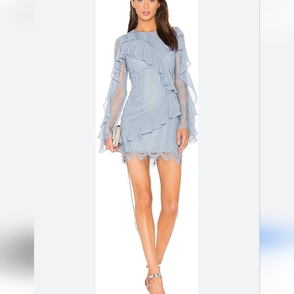 keepsake Better Days Lace Ruffle Dress in Dusty Blue Large Long Sleeve Mini